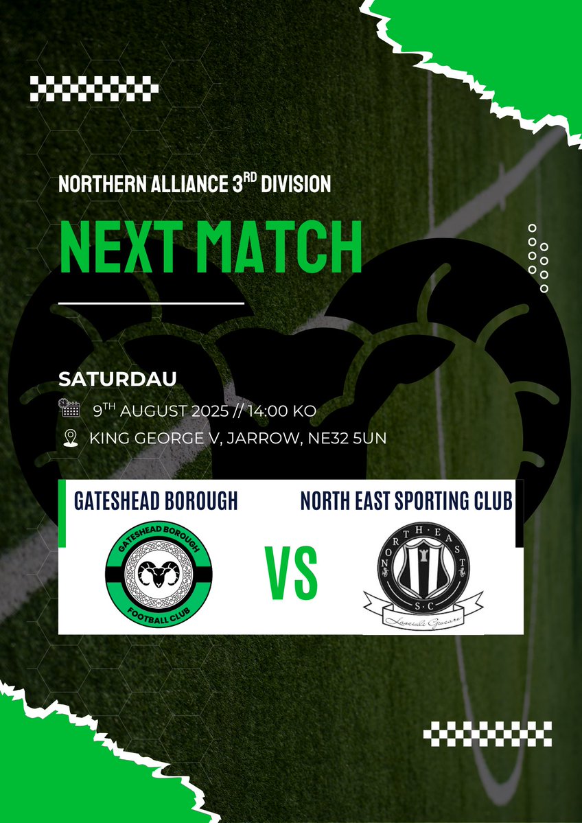 Gateshead Borough FC (@gatesheadborofc) on Twitter photo Today we host fellow league newcomers <a href="/NESCwallsend/">North East Sporting Club, Wallsend</a>
🏟️ King George V, Jarrow, NE32 5UN
🕣 14:00 KO
🎟️ Free Today we host fellow league newcomers <a href="/NESCwallsend/">North East Sporting Club, Wallsend</a>
🏟️ King George V, Jarrow, NE32 5UN
🕣 14:00 KO
🎟️ Free