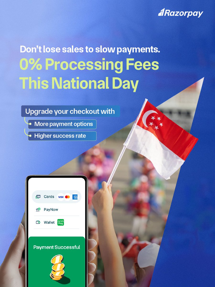 RazorpaySG's tweet photo. Don’t lose sales to slow payments this National Day 🇸🇬
Keep your checkout fast &amp; failure-free  with 0% Processing Fees for a limited time!

Upgrade your payment experience with:
✅ More payment options your customers love
✅ Higher success rate at checkout

#SingaporeDay https://t.co/2m4COTuWgg