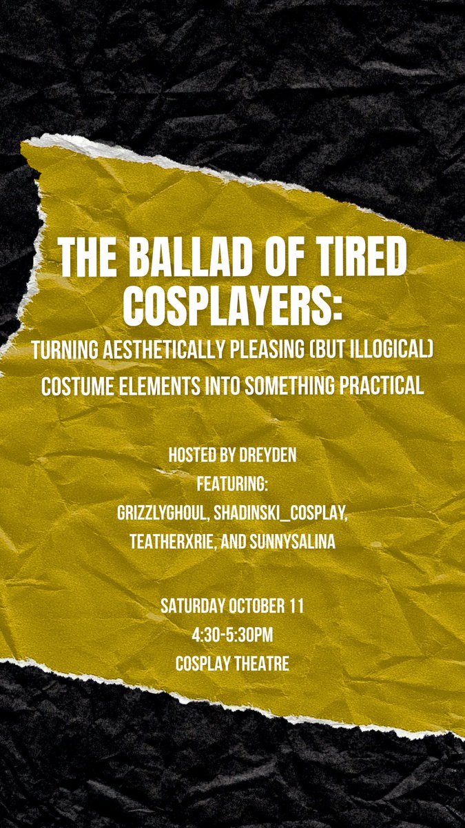 I officially have a <a href="/PAXAus/">PAX Australia</a> panel!!

Join myself, <a href="/GrizzlyGhoulTed/">GrizzlyGhoul</a> <a href="/Shadinski_7/">Shadinski (Cosplayer(derogatory))</a> <a href="/teatherxrie/">✨ Teatherxrie ✨</a> and <a href="/sunny_salina/">Sunny</a> on Saturday October 11 between 4:30-5:30 in the Cosplay Theatre as we pick each other’s brains about how we navigate silly design choices that designers make!