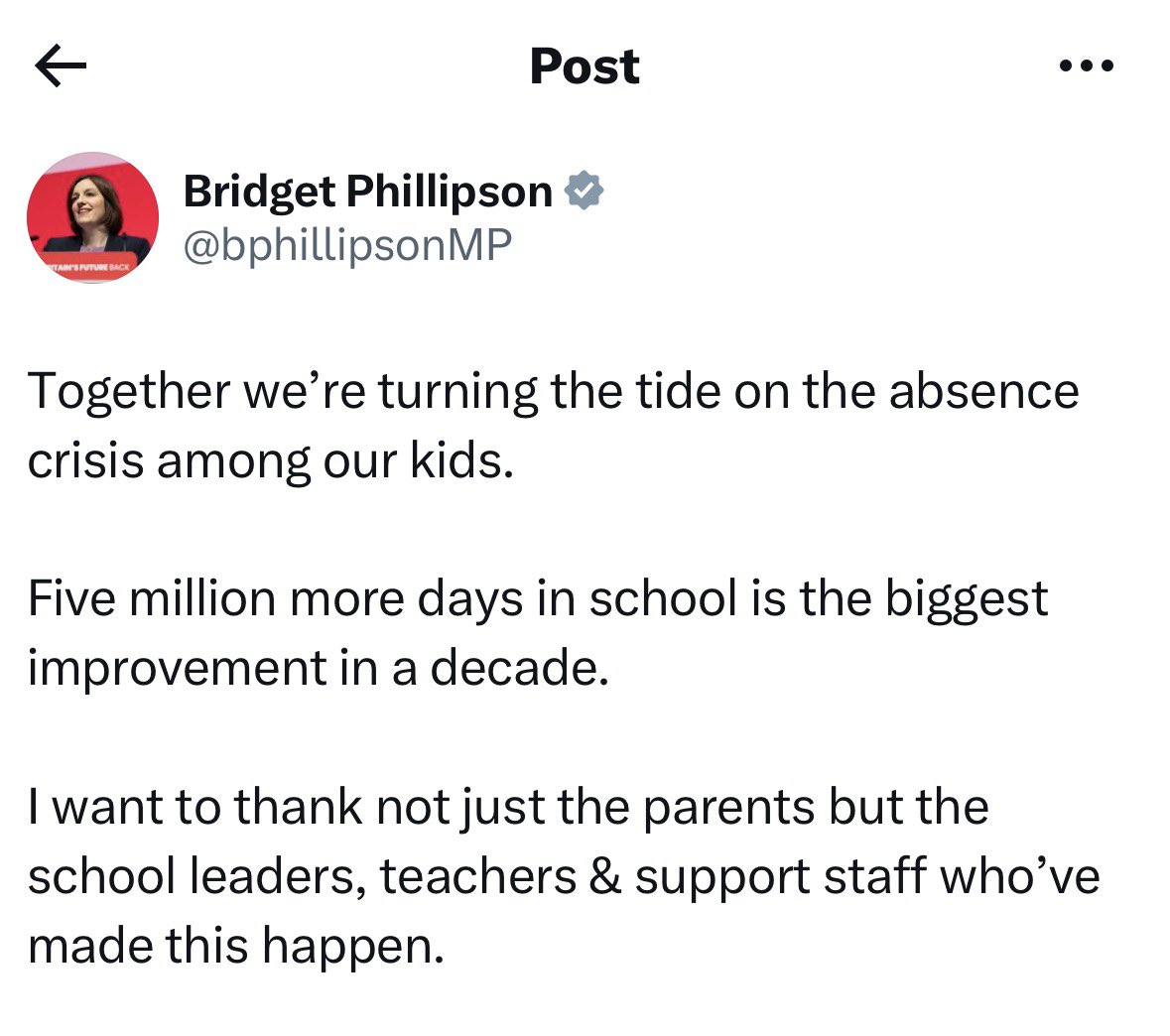 12hrs after my post, look what appeared from Bridget Phillipson! 

I am 100% taking the credit for this.