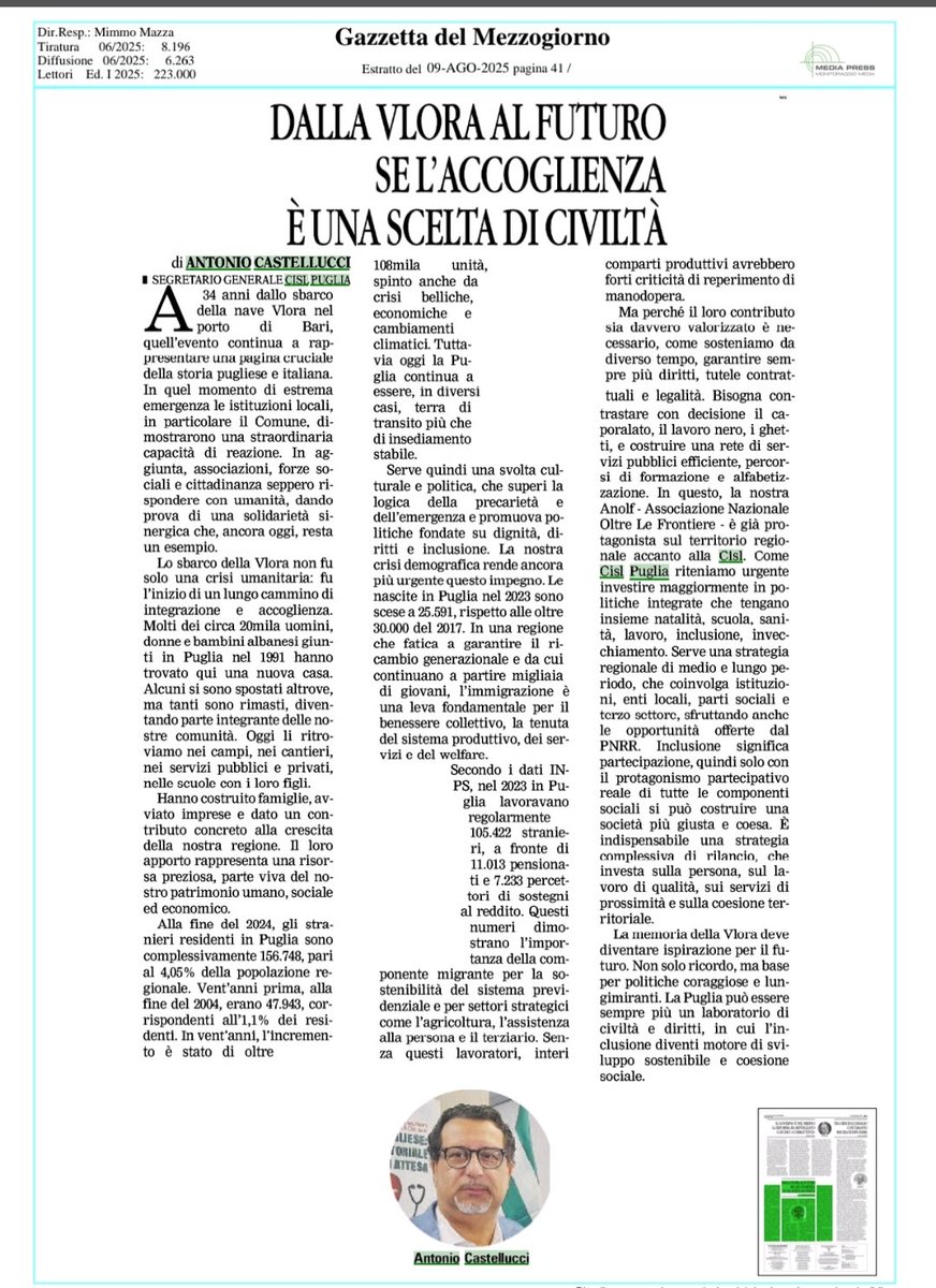 “DALLA VLORA AL FUTURO
SE L'ACCOGLIENZA
È UNA SCELTA DI CIVILTÀ”
Sulla Gazzetta del Mezzogiorno il Segretario generale #CislPuglia Antonio Castellucci
