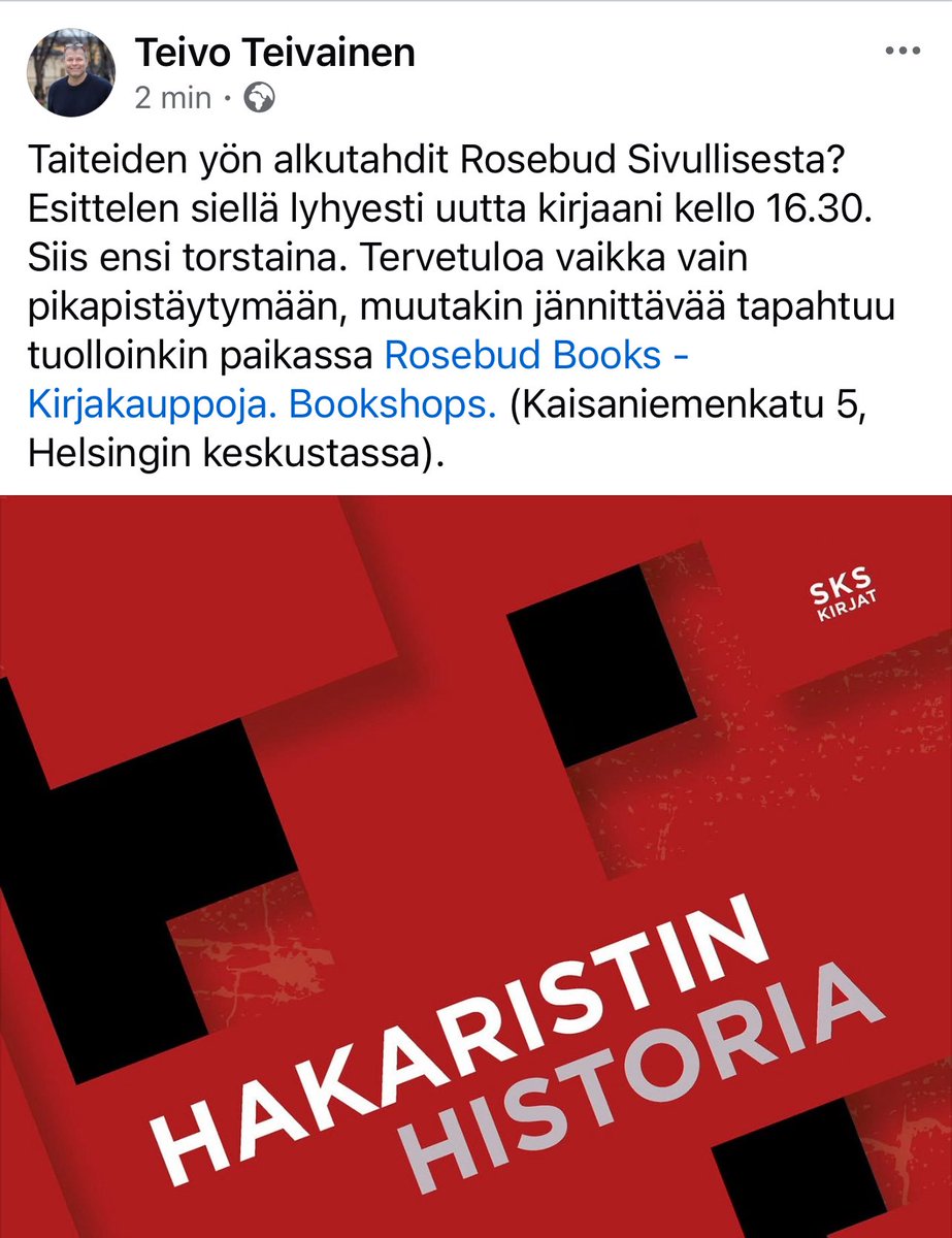 Taiteiden yön alku hakaristin merkeissä? Esittelen ensi viikolla ilmestyvää kirjaani #HakaristinHistoria torstaina kello 16.30 Rosebud Sivullinen -kirjakaupassa Kaisaniemenkatu 5. Tervetuloa keskustelemaan sinne. <a href="/RosebudBooks/">Rosebud Books</a> #taiteidenyö