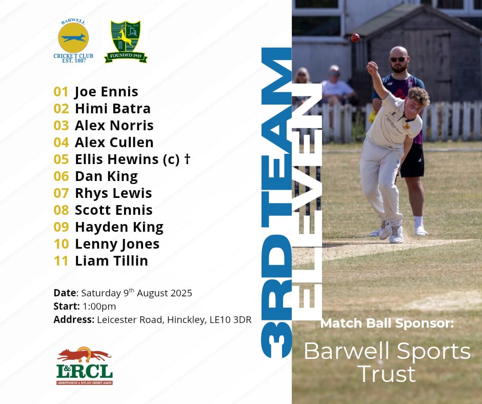 ** L&amp;RCL 2025 - Match Week 17 **

📅 Saturday 9th August 2025
🕐 1pm Start 

1️⃣ XI
Barrow Town CC 🆚 Barwell CC

2️⃣ XI
Barwell CC 🆚 Burbage &amp; Stoke Golding CC

3️⃣ XI
Barwell CC 🆚 Newtown Linford CC 3rd XI
 
barwell.play-cricket.com/Matches?tab=We…

Photos by Tim Armstrong Photography 📸