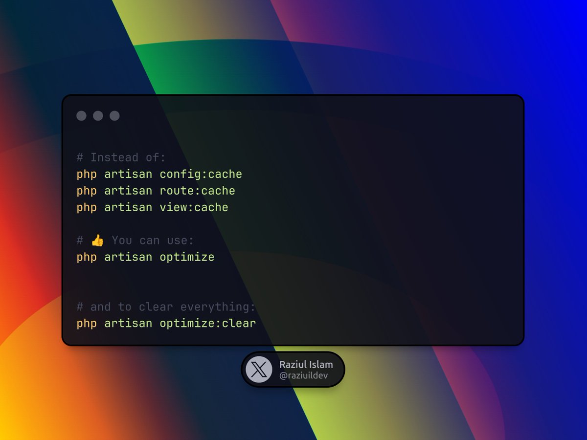 raziuldev's tweet image. 💡Laravel Pro Tip
Stop typing 3 commands every time you cache stuff with this single command.
It will also cache @filamentphp components and blade icons. 🥰
Less typing. More building. 🚀
#Laravel #CodeTips #PHP