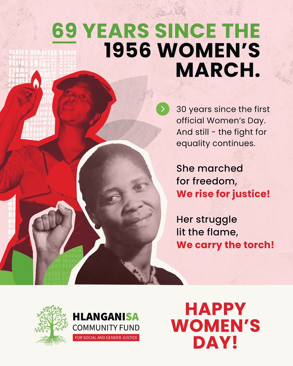 In the spirit of Lilian Ngoyi, Helen Joseph, Rahima Moosa &amp; Sophia Williams-De Bruyn and the 20 000 women of 1956,we rise!✊🏾

She marched for freedom. We rise for justice.
Her struggle lit the flame. We carry the torch.

#WomensDay #WomensMonth2025 #HlanganisaForHer