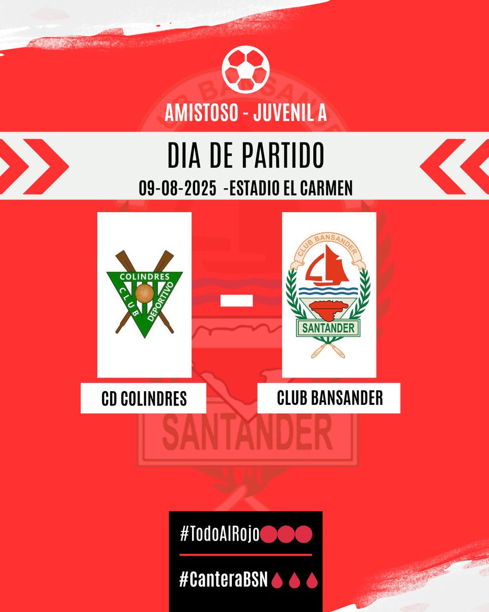 ¡Tercera prueba de pretemporada en Colindres!
🕞11:00
📍Estadio El Carmen

#TodoAlRojo🔴🔴🔴©️ #CanteraBSN🩸🩸🩸