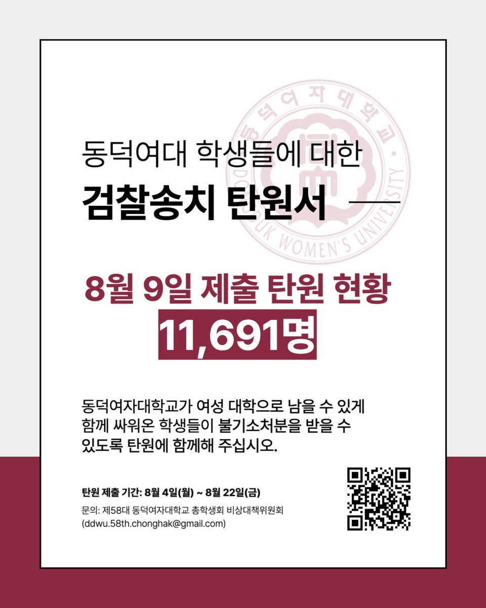 [동덕여대 학생들에 대한 검찰송치 탄원서 제출 현황]

🔗 링크: docs.google.com/forms/d/e/1FAI…
🔗 탄원 제출 기간: 8월 4일(월)~8월 22일(금)
🔗 문의: 동덕여자대학교 제58대 총학생회 비상대책위원회 (ddwu.58th.chonghak@gmail.com)