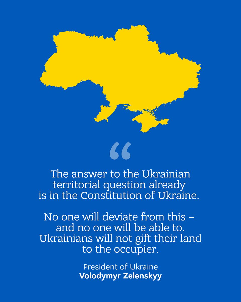 Predsjednik 🇺🇦 <a href="/ZelenskyyUa/">Volodymyr Zelenskyy / Володимир Зеленський</a> :

Odgovor na ukrajinsko teritorijalno pitanje već je u Ustavu Ukrajine, niko ne želi niti može odstupiti od toga – obraćanje predsjednika

Dragi Ukrajinci!
Predsjednik Tramp je najavio pripremu svog sastanka sa Putinom na Aljasci. Vrlo daleko od ovog