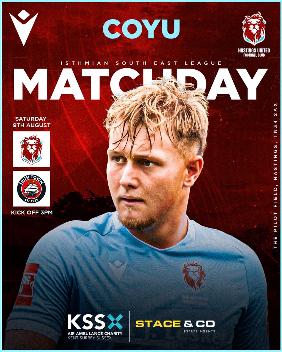 Hastings United FC (@hastingsufc) on Twitter photo 𝑴𝑨𝑻𝑪𝑯𝑫𝑨𝒀
🆚 <a href="/ErithTown/">Erith Town FC</a>
🗓️ 9th August 2025
🕒 3pm
🏟️ The Pilot Field, TN34 2AX
🏆 <a href="/IsthmianLeague/">The Pitching In Isthmian League</a>
🎟️ Adult £12 | Concessions £8 | Under 16 FREE
𝗠𝗮𝘁𝗰𝗵𝗱𝗮𝘆 𝗦𝗽𝗼𝗻𝘀𝗼𝗿 | Stace & Co
Today’s game is in honour of KSS Air Ambulance
It’s TIME!
#COYU 𝑴𝑨𝑻𝑪𝑯𝑫𝑨𝒀
🆚 <a href="/ErithTown/">Erith Town FC</a>
🗓️ 9th August 2025
🕒 3pm
🏟️ The Pilot Field, TN34 2AX
🏆 <a href="/IsthmianLeague/">The Pitching In Isthmian League</a>
🎟️ Adult £12 | Concessions £8 | Under 16 FREE
𝗠𝗮𝘁𝗰𝗵𝗱𝗮𝘆 𝗦𝗽𝗼𝗻𝘀𝗼𝗿 | Stace & Co
Today’s game is in honour of KSS Air Ambulance
It’s TIME!
#COYU
