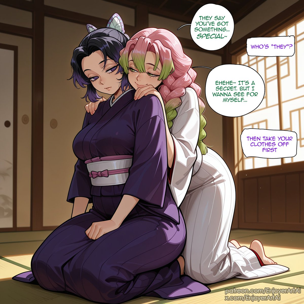 EnjoyerArtAi's tweet photo. Kochou Shinobu x Kanroji Mitsuri https://t.co/uNgTlOJIHh