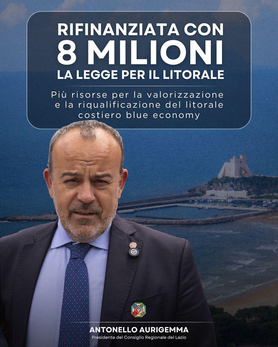 Antonello Aurigemma 🇮🇹 (@antoaurigemma) on Twitter photo La Regione Lazio stanzia 8 milioni di euro, approvati in sede di assestamento di bilancio durante l’ultimo <a href="/ConsiglioLazio/">Consiglio Lazio</a> .
Rifinanziata la Legge sul Litorale a sostegno dei Comuni costieri nella realizzazione di progetti strategici per il territorio.
#Lazio La Regione Lazio stanzia 8 milioni di euro, approvati in sede di assestamento di bilancio durante l’ultimo <a href="/ConsiglioLazio/">Consiglio Lazio</a> .
Rifinanziata la Legge sul Litorale a sostegno dei Comuni costieri nella realizzazione di progetti strategici per il territorio.
#Lazio