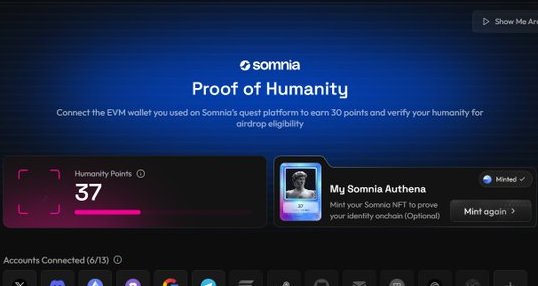 🔥 Somnia 空投速通指南
📌 领取条件
✅ 钱包人性分数 ≥30分
✅ 铸造 Base 链 NFT
🚀 3步完成

1️⃣ 做人性证明
👉 authena.xyz/somnia
绑定 Twitter/Discord 等账号
分数≥30即合格

2️⃣ 领Base链NFT

在 Somnia 官网完成铸造

建议用 Base 链（Gas费低）

3️⃣ 坐等空投

资格通过后自动发放
