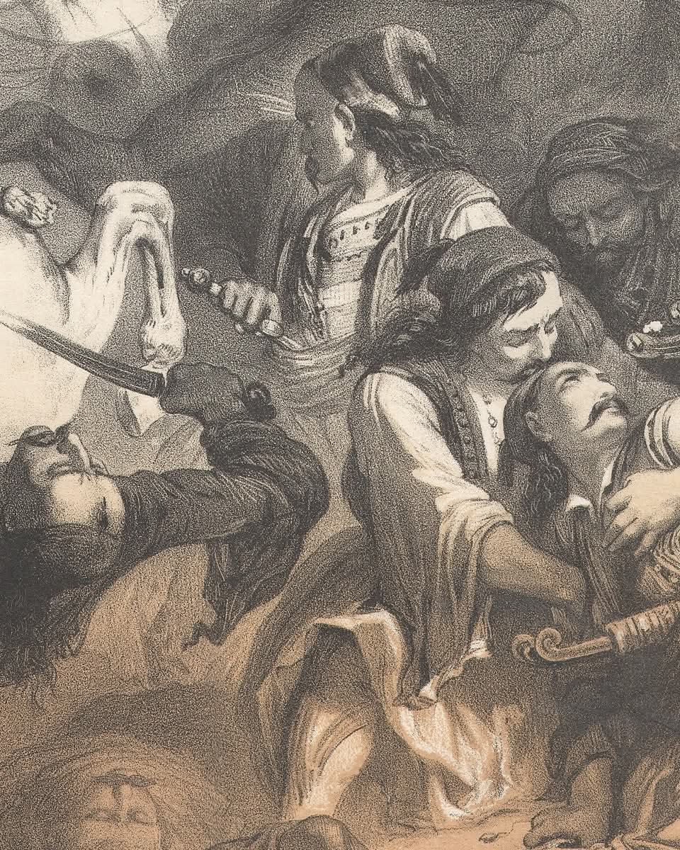 athens_nhmuseum's tweet photo. #Σαν_σήμερα, 9/8/1823, ο #Μάρκος_Μπότσαρης τραυματίστηκε θανάσιμα κατά τη διάρκεια νυχτερινής εφόδου στο  στρατόπεδο των αντιπάλων στο Κεφαλόβρυσο έξω από το Καρπενήσι. 
🖼️ Ο θάνατος του Μάρκου Μπότσαρη. Λιθογραφία από το έργο του Alp. DeNeuville. 
🔹️ΕΙΜ |© ΙΕΕΕ
#MarkosBotsaris https://t.co/HOuQVUj3Pn