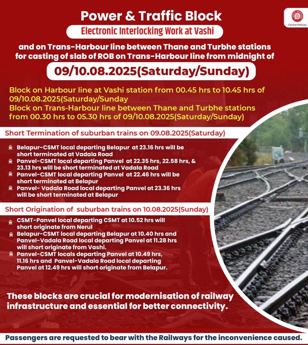 Central_Railway's tweet image. 🚧 Traffic &amp;amp; Power Blocks 🚧
Due to Electronic Interlocking Work at Vashi blocks will be in place from 09.08.2025 (Saturday) to 10.08.2025 (Sunday).
Inconvenience is regretted. Please bear with us.

#CentralRailway #TrafficBlock #PowerBlock