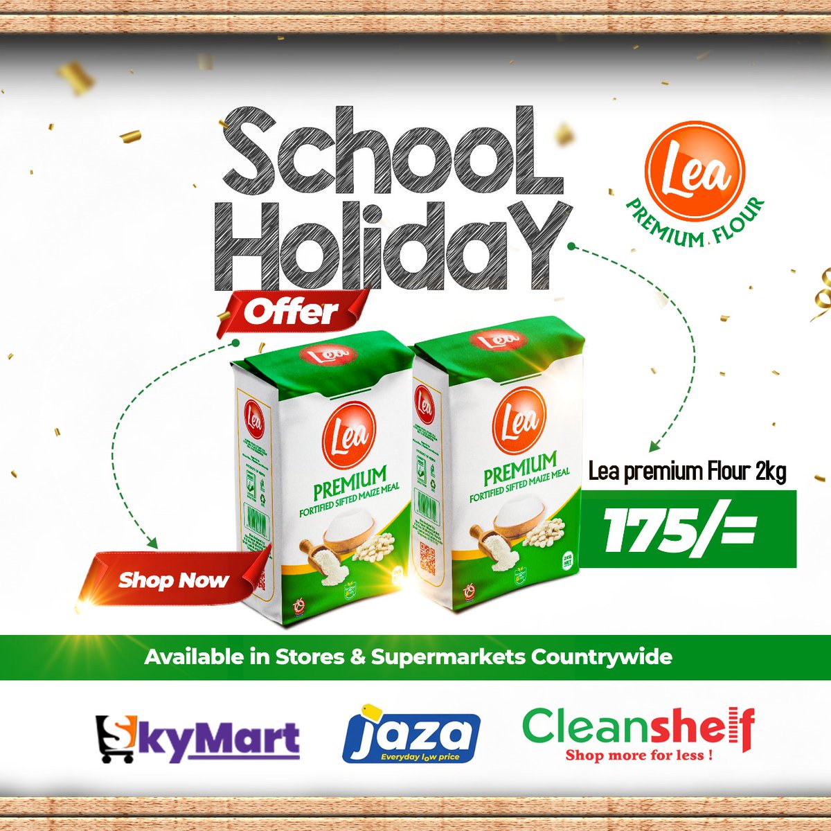 School Holiday Special! 

Make every family meal memorable this holiday with Lea Premium Flour!

✨ Offer Price: KSh 175/= (2kg)

Offer available at SkyMart, Jaza, Cleanshelf &amp; supermarkets countrywide.

#LeaPremiumFlour #NurturingHomes #NewPaleahMillers