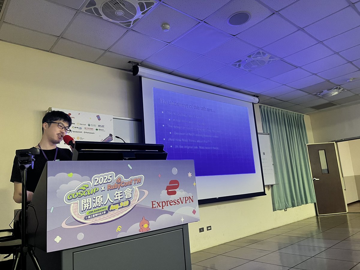 rubyconftw (@rubyconftw) on Twitter photo Today’s last Ruby session: “Why doesn't Ruby have Boolean class?” by <a href="/okuramasafumi/">大倉雅史(OKURA Masafumi)</a> Today’s last Ruby session: “Why doesn't Ruby have Boolean class?” by <a href="/okuramasafumi/">大倉雅史(OKURA Masafumi)</a>