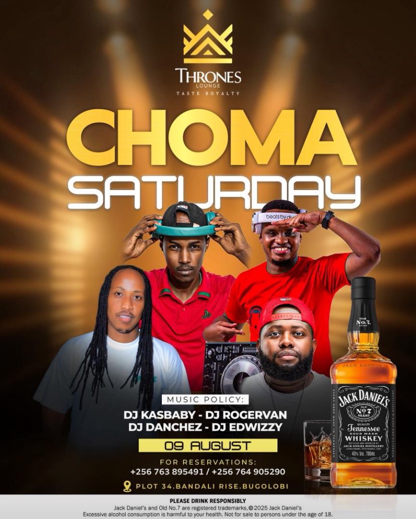 Mushrm (@mushroominc) on Twitter photo It’s Choma Saturday! Join the party tonight at <a href="/throneskampala/">throneskampala</a> with <a href="/djKasBaby/">Kas 😎</a>, <a href="/edwizzyselekta/">edwizzy selekta</a>, DJ Rojervan, and DJ Danchez spinning fire on the decks. Enjoy the night powered by Jack Daniel’s! It’s Choma Saturday! Join the party tonight at <a href="/throneskampala/">throneskampala</a> with <a href="/djKasBaby/">Kas 😎</a>, <a href="/edwizzyselekta/">edwizzy selekta</a>, DJ Rojervan, and DJ Danchez spinning fire on the decks. Enjoy the night powered by Jack Daniel’s!