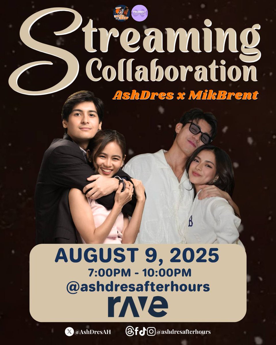 AshDres After Hours (@ashdresah) on Twitter photo #ASHDRES x #MIKBRENT
Rave Streaming Collab by <a href="/AshDresAH/">AshDres After Hours</a> x @MikbrentST!๐
๐ AUG 9 | SATURDAY
โฐ๏ธ 7:00 PM - 10:00 PM PHT
๐ rave.watch/PWLus
#AshtineOlviga #AndresMuhlach
#MicaSalamanca #BrentManalo #ASHDRES x #MIKBRENT
Rave Streaming Collab by <a href="/AshDresAH/">AshDres After Hours</a> x @MikbrentST!๐
๐ AUG 9 | SATURDAY
โฐ๏ธ 7:00 PM - 10:00 PM PHT
๐ rave.watch/PWLus
#AshtineOlviga #AndresMuhlach
#MicaSalamanca #BrentManalo