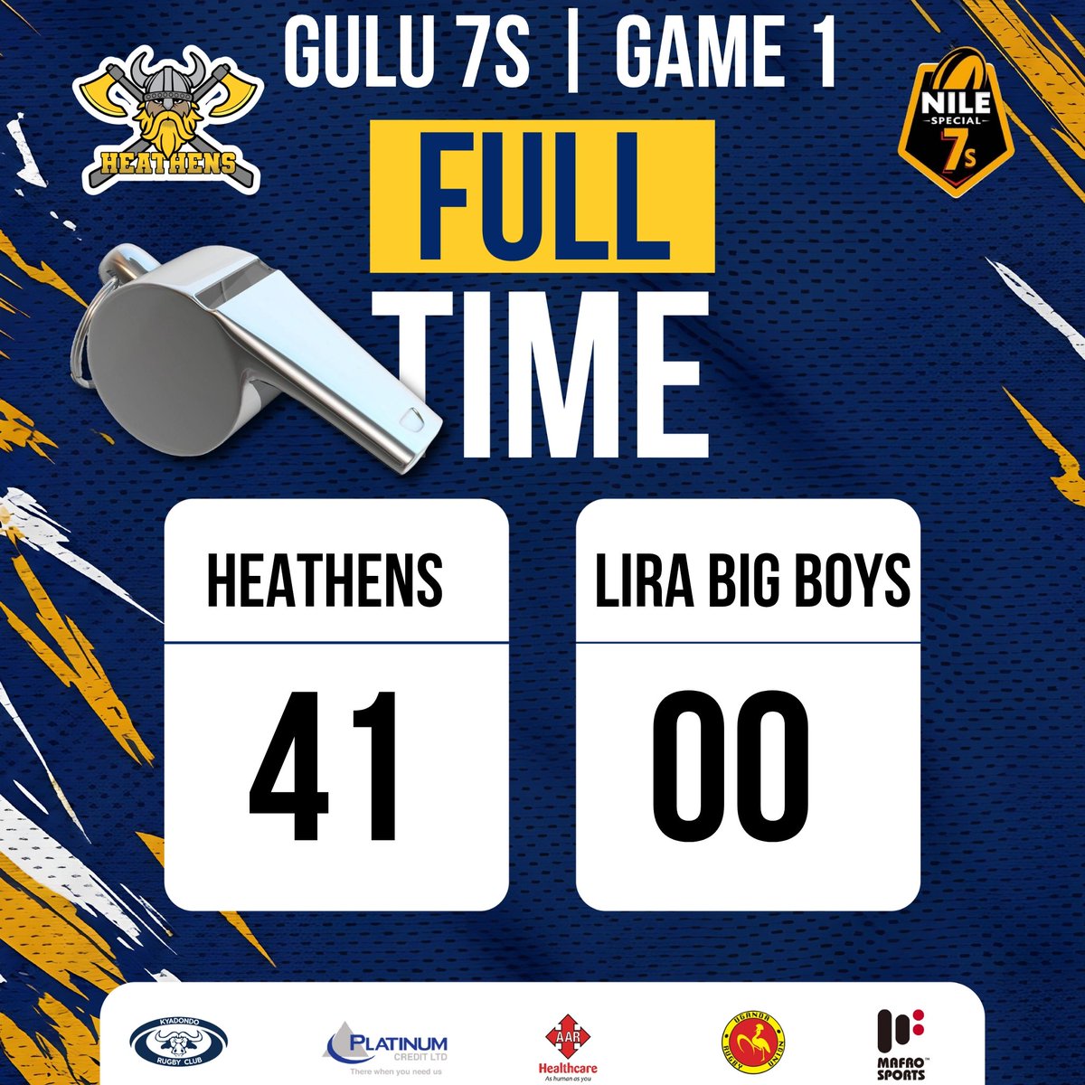 𝐆𝟏 | 𝐒𝐂𝐎𝐑𝐄 𝐔𝐏𝐃𝐀𝐓𝐄! 

We kick off the #Gulu7s in style, a solid win over the LIRA BIG BOYS. 💪

#HeathensTuko || #MunguNiWetu || #NileSpecialUganda7s