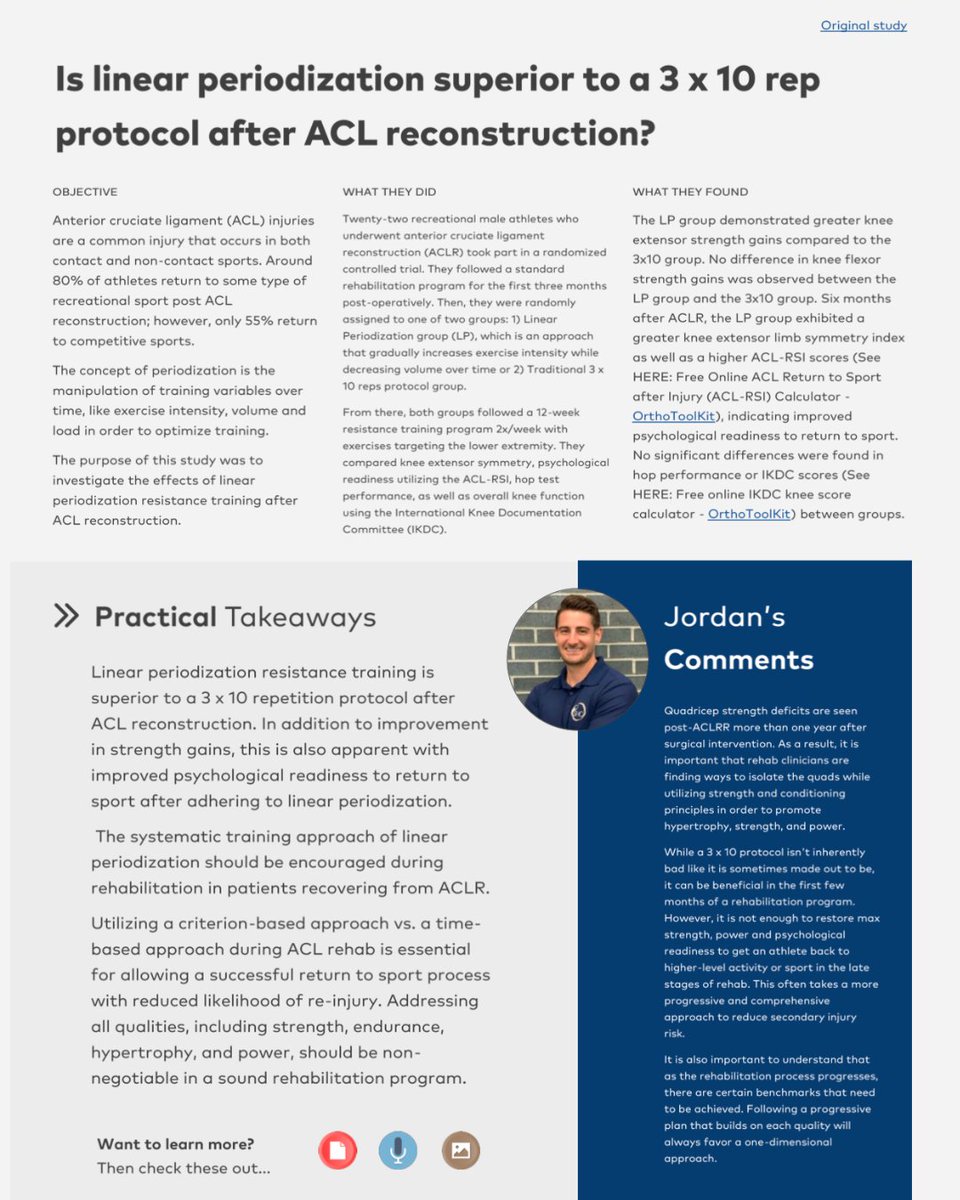 Physios and 3 sets of 10 💞 

In all seriousness, sports rehabilitation has seen advancements in practice over the past few years, and this paper does a good job of highlighting progressive, criterion-based ACL rehab

Reviewed by Jordan August in this months Performance Digest.