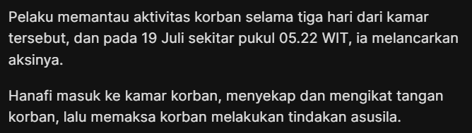 Hanafi MENGAWASI Tiwi dari 17 Juli. Tanggal 18 Juli Dul tidak ada aktivitas Twitter sama sekali. Padahal, pada 18 Juli Tiwi melakukan absensi kerja?? Diberitakan juga Hanafi melakukan pembunuhan pada 19 Juli.

TIGA HARI kawan kami diincar, dianiaya, lalu dibunuh. #JusticeForTiwi