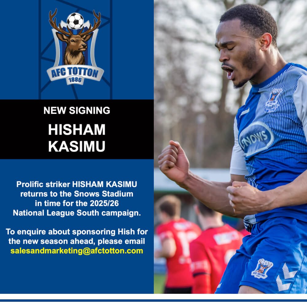 AFC Totton ⚽️🦌 (@afctotton) on Twitter photo GUESS WHO’S BACK… 🦌💙
He’s back again!
Welcome back to The Stags <a href="/Hish9_/">Hisham Kasimu</a> 😍
Hit the link to re-familiarise yourself with Hish: afctotton.com/news/welcome-b…
#GoStags🦌 GUESS WHO’S BACK… 🦌💙
He’s back again!
Welcome back to The Stags <a href="/Hish9_/">Hisham Kasimu</a> 😍
Hit the link to re-familiarise yourself with Hish: afctotton.com/news/welcome-b…
#GoStags🦌