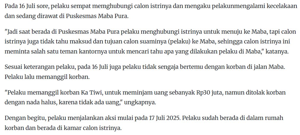 Dari berita, disebutkan pelaku bernama Aditya Hanafi, kolega Tiwi. Hanafi yg harusnya cuti ke Ternate bersama Almira utk persiapan nikah, kembali ke HalTim di tgl 16 Juli lalu BERSEMBUNYI di rumah dinas Tiwi. Karena Almira di Ternate, Tiwi di rumah sendirian. #JusticeForTiwi