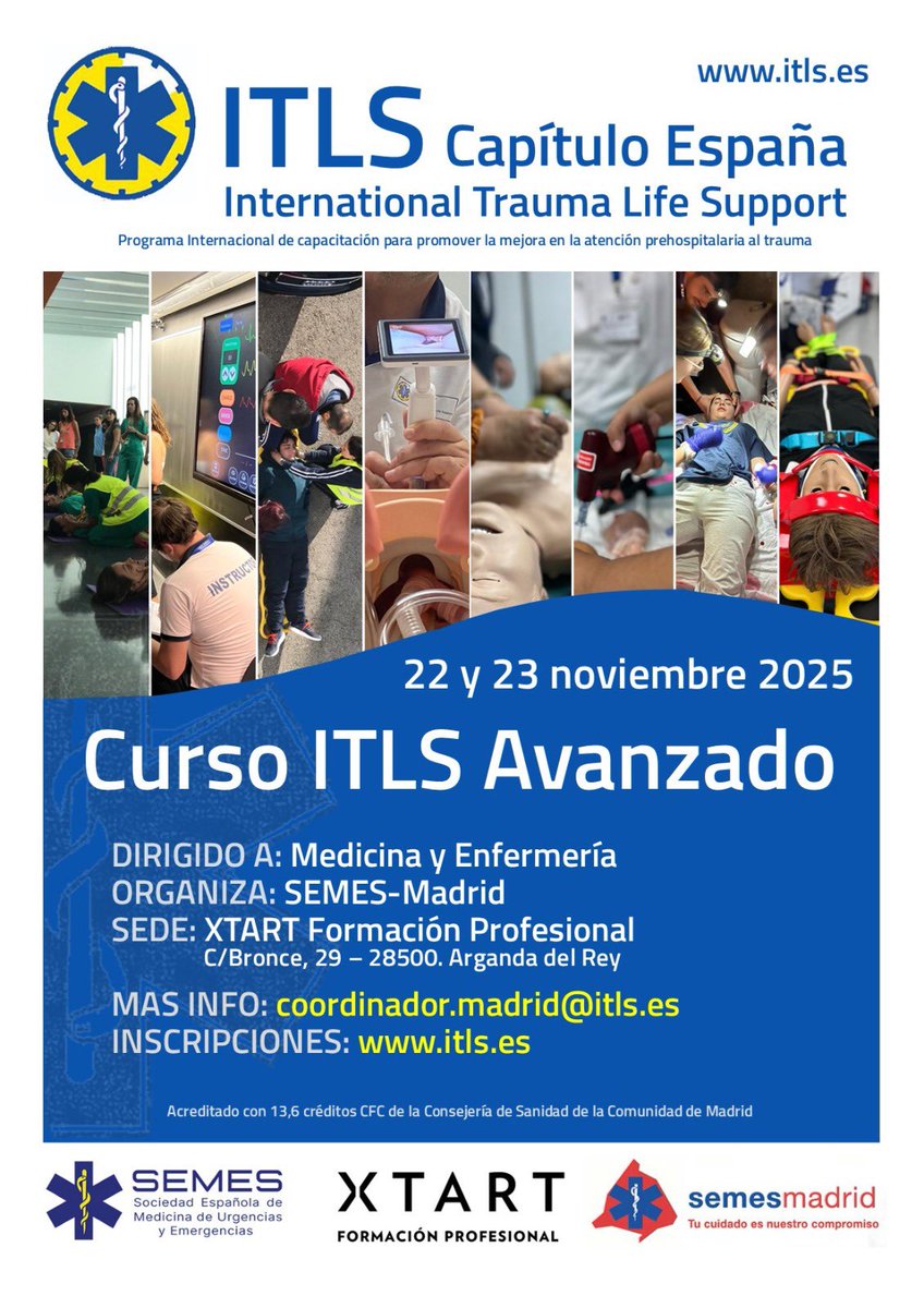 Fernando López Pereira (@ferlpereira) on Twitter photo Cursos <a href="/ITLS_Spain/">SEMES ITLS-España</a> <a href="/ITLS/">International Trauma Life Support (ITLS)</a> <a href="/SEMES_/">SEMES</a> organizados desde <a href="/SEMESMadrid/">SEMES Madrid</a> en el último trimestre de 2025:
- ITLS Básico para #TES con fase presencial 25-26/10
- ITLS Avanzado para #medicina y #enfermeria con fase presencial 23-24/10 y otro 22-23/11
📢📢 SOCIOS DE MADRID BONIFICADOS‼️ Cursos <a href="/ITLS_Spain/">SEMES ITLS-España</a> <a href="/ITLS/">International Trauma Life Support (ITLS)</a> <a href="/SEMES_/">SEMES</a> organizados desde <a href="/SEMESMadrid/">SEMES Madrid</a> en el último trimestre de 2025:
- ITLS Básico para #TES con fase presencial 25-26/10
- ITLS Avanzado para #medicina y #enfermeria con fase presencial 23-24/10 y otro 22-23/11
📢📢 SOCIOS DE MADRID BONIFICADOS‼️