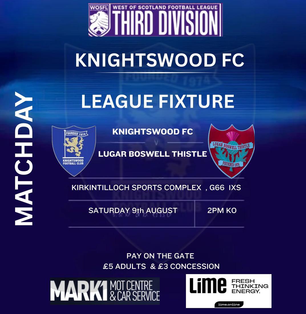 Knightswood FC 1st Team (@kwosfl9673) on Twitter photo MATCH DAY
<a href="/KWosfl9673/">Knightswood FC 1st Team</a> are looking forward to welcoming <a href="/LugarFC1878/">Lugar Boswell Thistle FC</a> to the Kirkintilloch Sports Complex. MATCH DAY
<a href="/KWosfl9673/">Knightswood FC 1st Team</a> are looking forward to welcoming <a href="/LugarFC1878/">Lugar Boswell Thistle FC</a> to the Kirkintilloch Sports Complex.