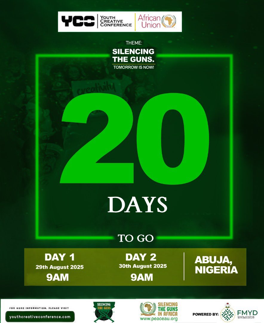 20 DAYS TO GO! 🚀
The Youth Creative Conference 2025 is almost here — Silencing the Guns. Tomorrow is NOW!
🗓 29th &amp; 30th August | 📍 Abuja, Nigeria | ⏰ 9AM