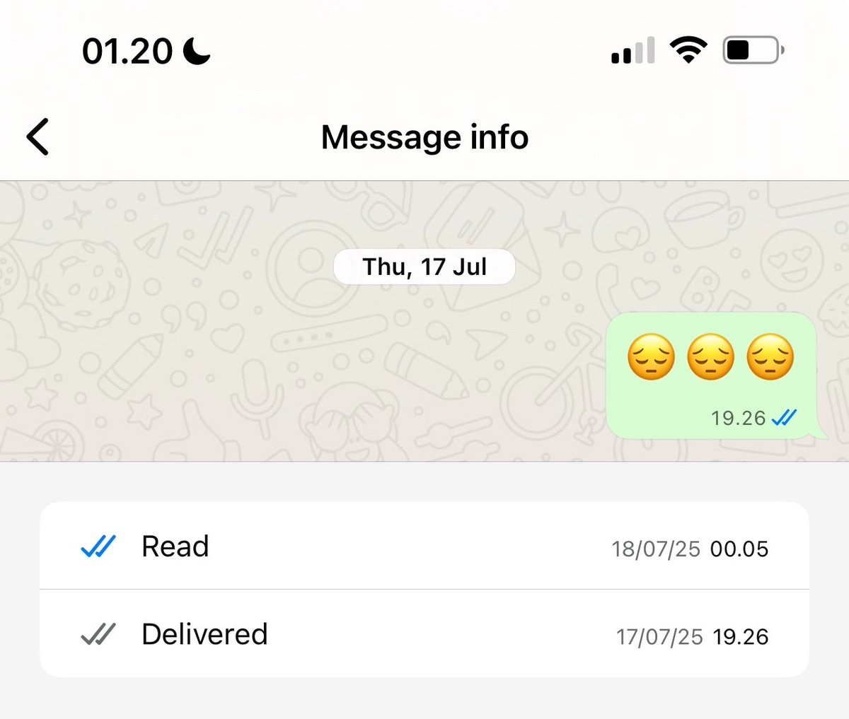 Cuit terakhir Dul adalah 17 Juli 2025 18:52 WIB. Pada pukul 19:26 WIB chat salah satu teman kami delivered tapi tidak sampai read. Baru di-read di tanggal 18 Juli 2025 pukul 00:05 WIB. #JusticeForTiwi