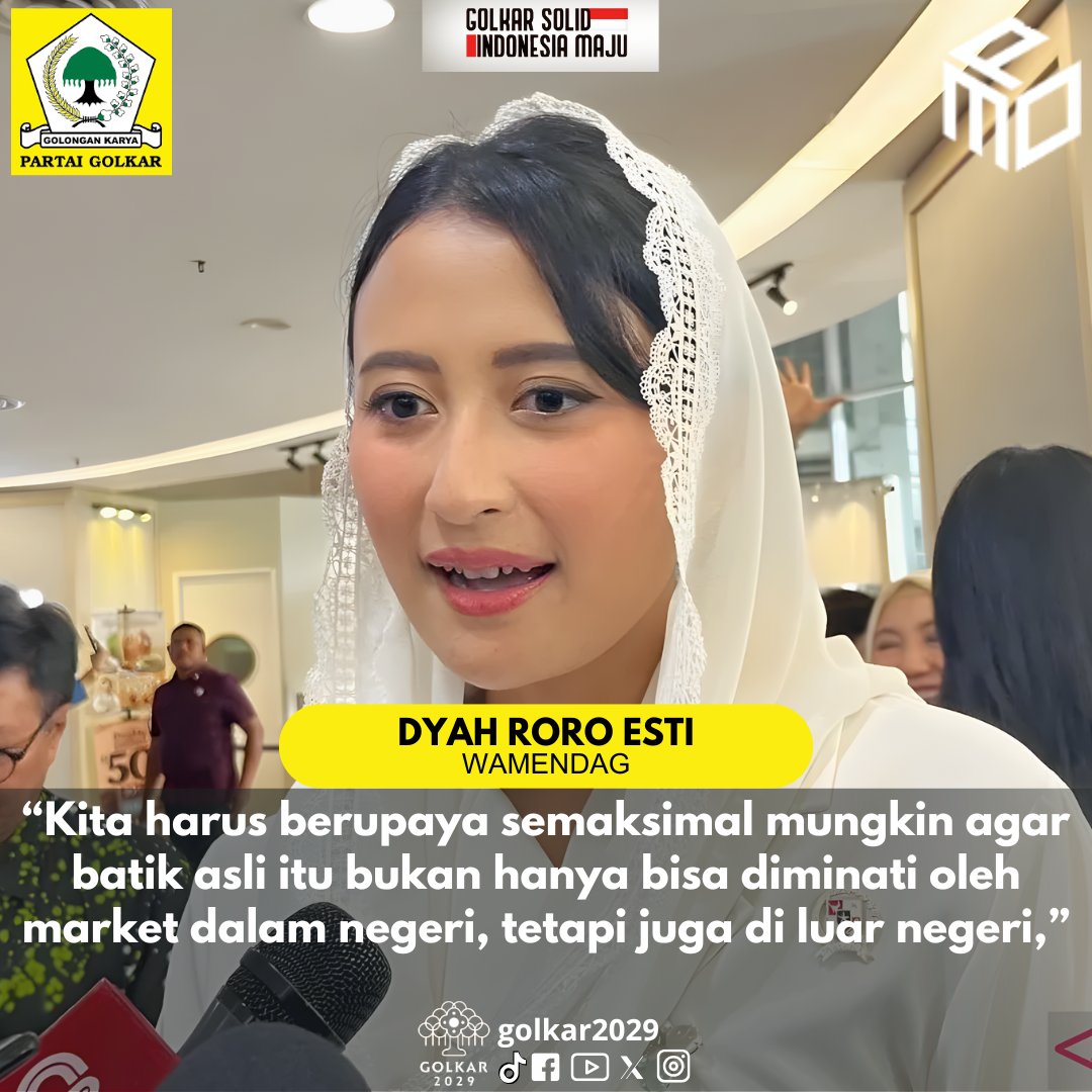 Golkar2029's tweet photo. “Kita harus berupaya semaksimal mungkin agar batik asli itu bukan hanya bisa diminati oleh market dalam negeri, tetapi juga di luar negeri,”

Wamendag, Dyah Roro Esti

#partaigolkar #bahlillahadalia #mpogolkar #golkar2029

https://t.co/3kuepyt9eD https://t.co/LLfn3PXrMS