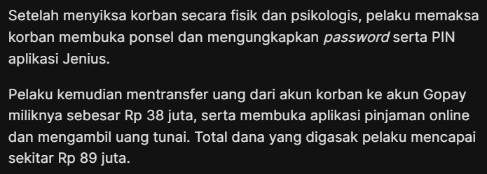 Di berita, dikabarkan Hanafi menganiaya Tiwi dan memaksanya memberikan password ponsel dan mobile banking. Hanafi lalu MENGURAS ISI REKENING Tiwi dan melakukan PINJAMAN ONLINE sebesar 50 juta. Hanafi juga menguras isi dompet Tiwi sebanyak 400 ribu. #JusticeForTiwi