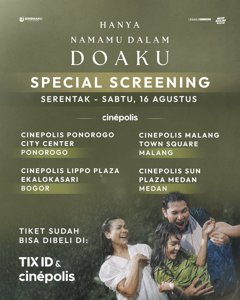 FINALY NONTON DULUAN!

Mulai Sabtu, 16 Agustus 2025 kamu bisa nonton duluan film Hanya Namamu Dalam Doaku di bioskop-bioskop berikut🤩💚

Kamu udah bisa beli tiket pre-salenya sekarang! Dapatkan tiketnya di aplikasi M-Tix <a href="/cinema/">Cinema</a>.21, Tix.id <a href="/tix_id/">TIX ID</a>, CGV <a href="/cgv/">cgv</a>.id,