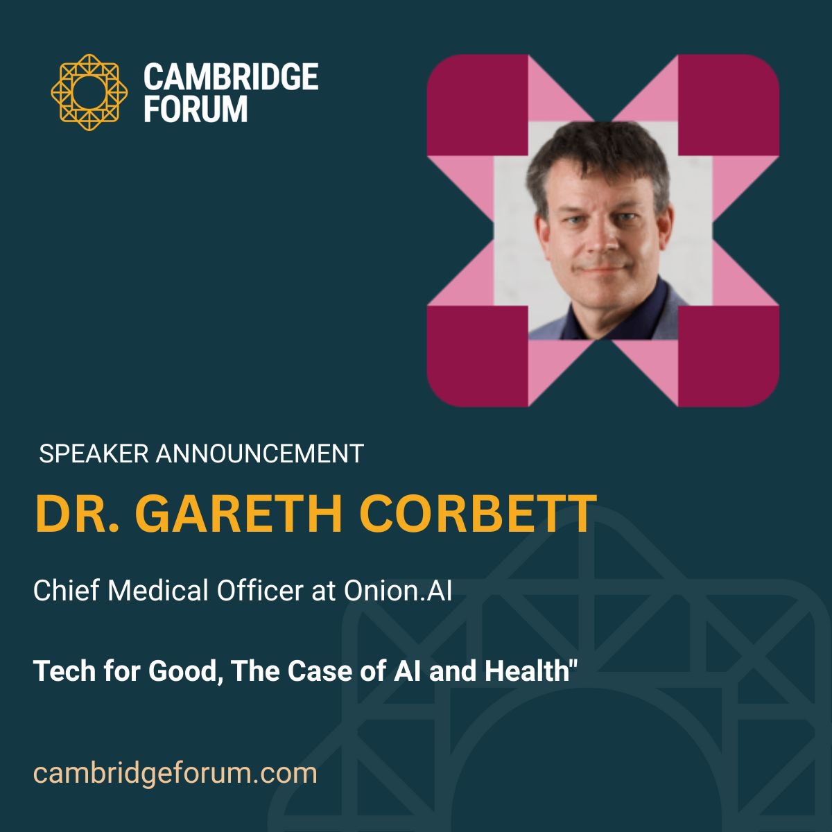 OnionAIHealth's tweet image. We’re delighted to present our case for #TechForGood in the generative AI space  at Cambridge Forum 2025.

Our Chief Medical Officer, Dr. Gareth Corbett a renowned gastroenterologist and retired RAF Wing Commander will share how Onion AI is tackling the number one global public…