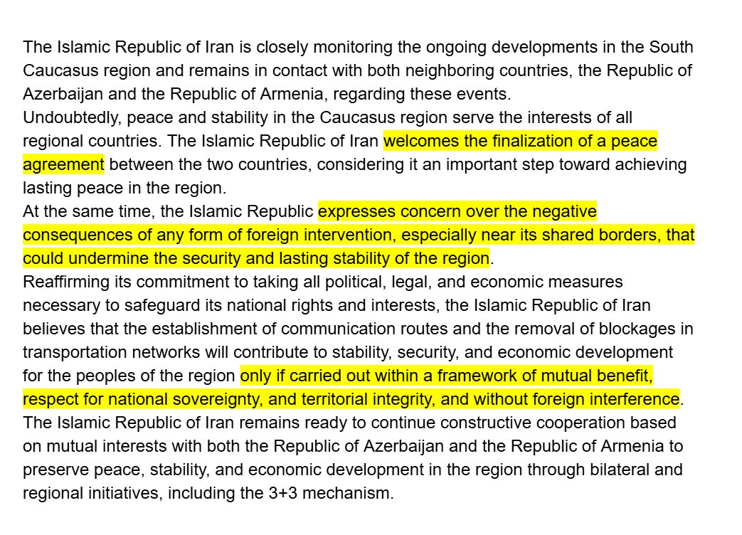 Iranian MFA statement on Trump-brokered Armenia-Azerbaijan declaration: