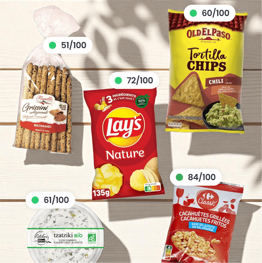 Chips, tzatziki, cacahuètes, tortillas, grissini… 5 produits classiques pour profiter d’un apéro en vacances 🍹

A priori pas grand chose ne différencie ces 2 paniers, et pourtant… : 
❌ Panier 1 : note moyenne de 38/100
✅ Panier 2 : note moyenne de 65/100

Et attention, une