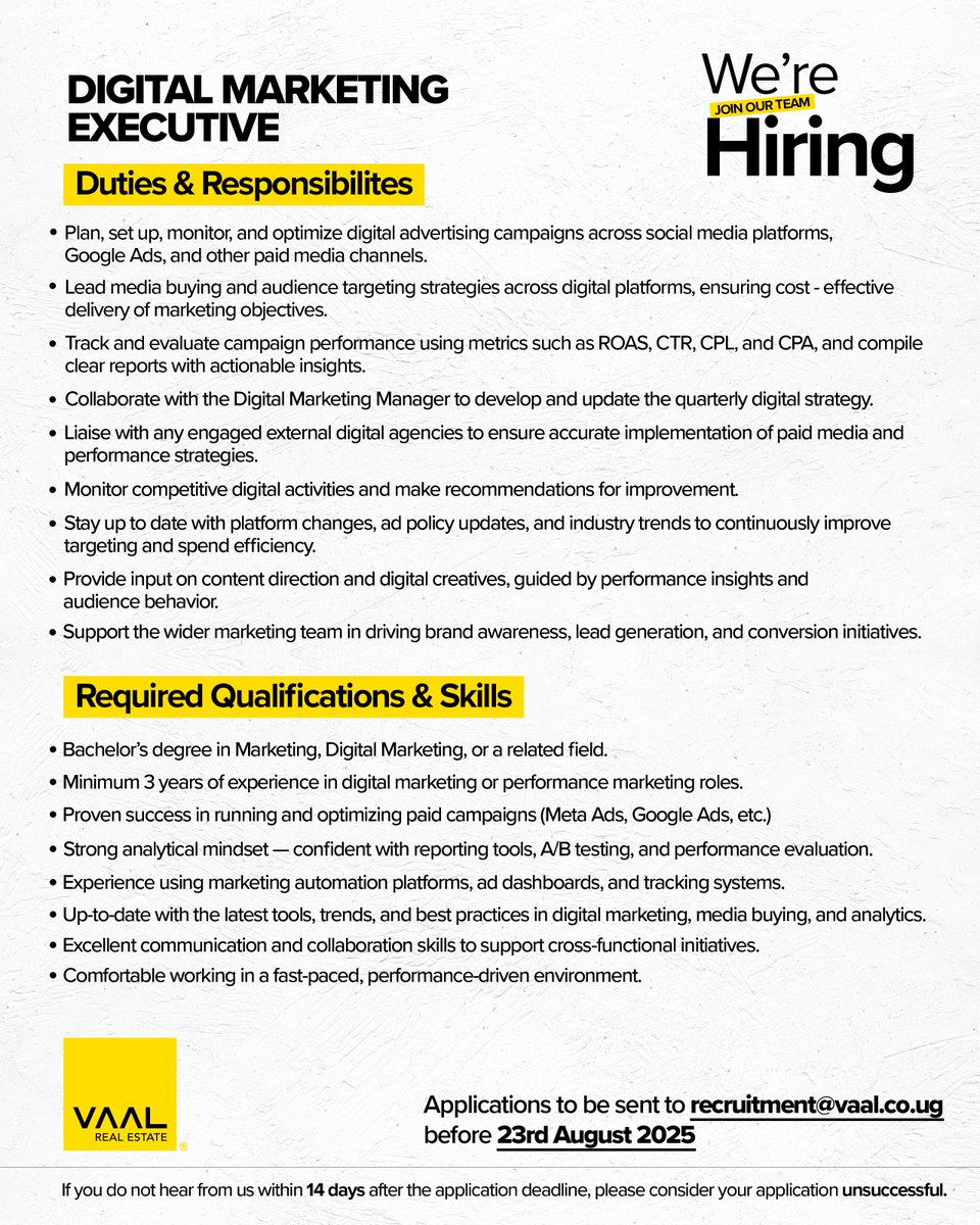 VAAL Uganda (@vaaluganda) on Twitter photo Passionate about digital marketing?
We are growing our team.
Apply before 23rd August 2025!
Send your application today!
recruitment@vaal.co.ug Passionate about digital marketing?
We are growing our team.
Apply before 23rd August 2025!
Send your application today!
recruitment@vaal.co.ug