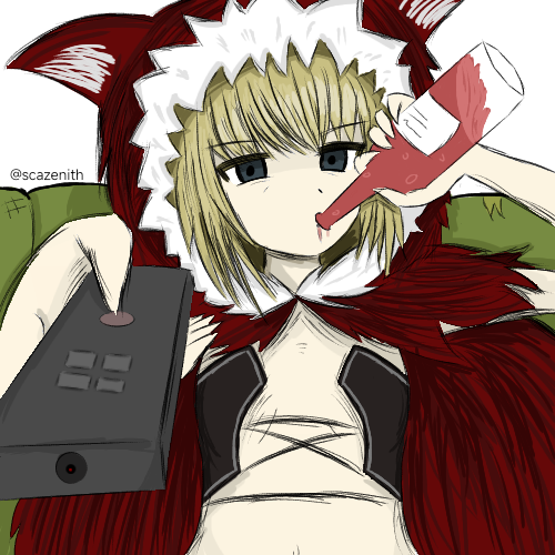 Scazenith's tweet image. Couch potato Red Hood 
----------
カウチポテトのレッドフード

#BLACKSOULS #BLACKSOULS2 #RedHood #AnimeArt #fanart