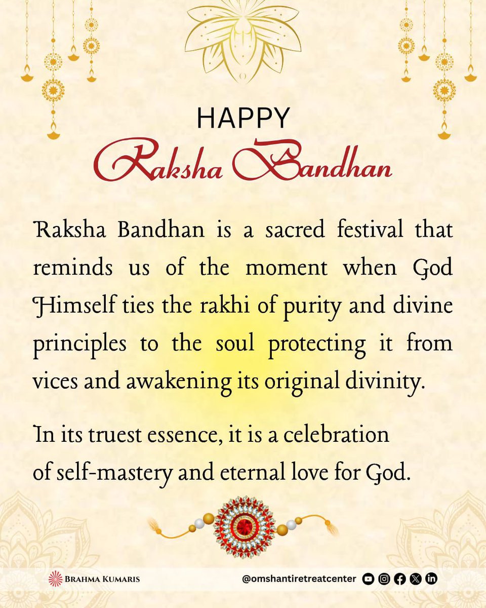 Brahma Kumaris ORC (@omshantiretreat) on Twitter photo This Raksha Bandhan, let God’s love be your true rakhi — protecting, guiding, and awakening your divinity. ✨
<a href="/BrahmaKumaris/">Brahma Kumaris</a>
#RakshaBandhan #GodsLove #Purity #SelfMastery #BrahmaKumaris #OmShantiRetreat This Raksha Bandhan, let God’s love be your true rakhi — protecting, guiding, and awakening your divinity. ✨
<a href="/BrahmaKumaris/">Brahma Kumaris</a>
#RakshaBandhan #GodsLove #Purity #SelfMastery #BrahmaKumaris #OmShantiRetreat