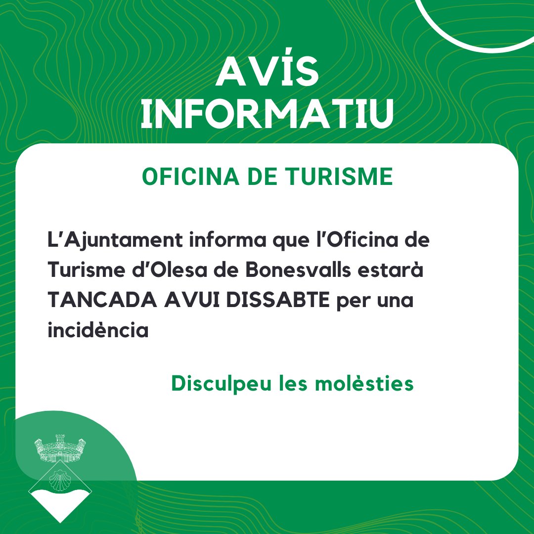 🔔 AVÍS INFORMATIU 🔔

L'Ajuntament informa que l'Oficina de Turisme d'#OlesadeBonesvalls estarà tancada ❌

AVUI DISSABTE, 9 D'AGOST 📆

Per una incidència 🔴

Disculpeu les molèsties 🙏🏼