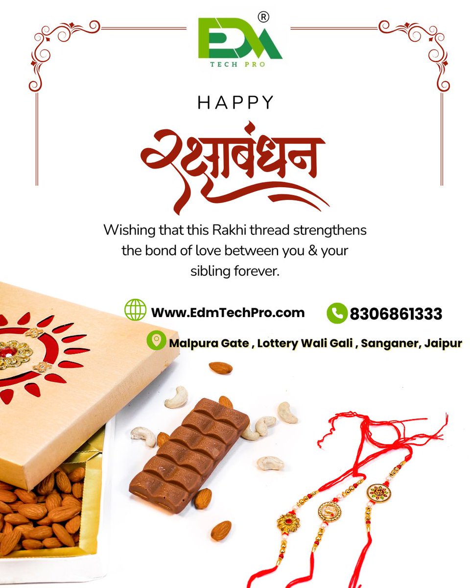 edmtechpro's tweet photo. Team EDM TECH PRO wishing Happy Raksha Bandhan All of You!!!
✅ Wishing that this Rakhi thread strengthens the bond of love between you &amp; your sibling forever.
call📞/WhatsApp:8306861333
Visit: https://t.co/NUXiSuJvzg
#edmtechpro #happyrakhi #ecommercemarketingcourse https://t.co/BCJc0dCFGn