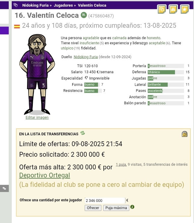 💸EN VENTA💸

- Valentín Celoca 24 años 🇪🇦
Defensa: 15
Lateral 11
Pases 8

💵Precio: 2,3M € 

hattrick.org/Club/Players/P…