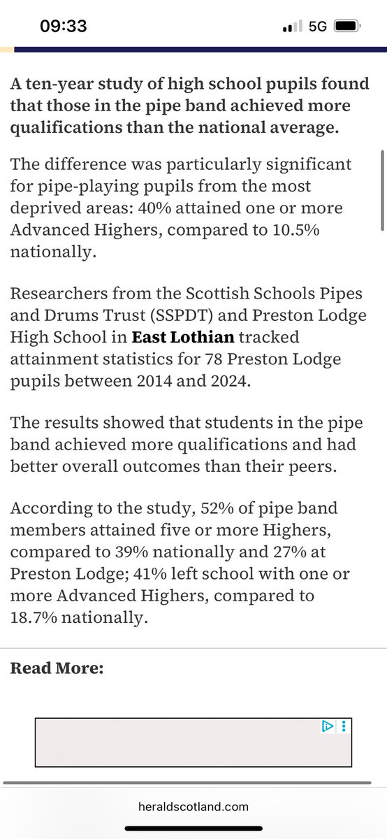 Needless to say, ‘Pipe bands are linked to better exam results’ in the same way that ‘being in hospital’ is linked to ‘higher mortality rates than a sweet shop’. ‘Coming from a middle class/ more advantaged cohort’ is the unsurprising unmentioned common factor this headline is