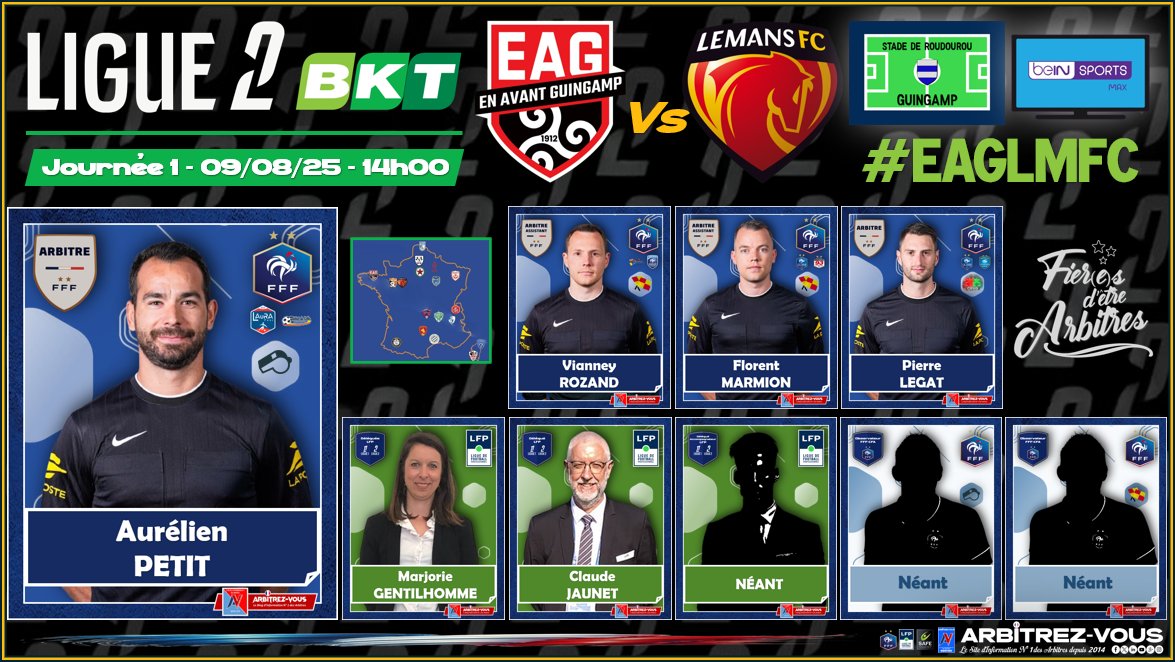 🐓| #FFF/#LFP - 🏆 #Ligue2BKT - Journée 1 
#⃣| #EAGLMFC
⚽️| <a href="/EAGuingamp/">En Avant Guingamp</a> 🆚 <a href="/LEMANSFC/">LE MANS FC</a> 
🗓️| 09/08/2025 - 🕖| 14h00
🏟️| Stade de Roudourou - GUINGAMP
📺| <a href="/beinsports_FR/">beIN SPORTS</a> 1
ℹ️| cutt.ly/2rFWUMgD

<a href="/FFF/">FFF</a> <a href="/LFPfr/">Ligue de Football Professionnel</a> <a href="/ArbitresSAFE/">SAFE</a> <a href="/Ligue2BKT/">Ligue 2 BKT</a> <a href="/lequipe/">L'Équipe</a> <a href="/sports_ouest/">Ouest-France Sports</a> <a href="/RobertMalm/">Robert Malm</a> <a href="/deux_zero/">deux-zero.com</a>