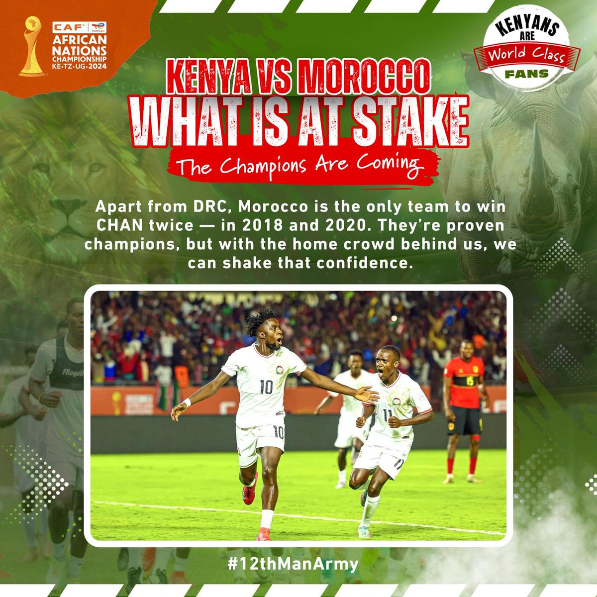 LukeOj's tweet photo. Top-class opponents, high-stakes matches - this is what the fans deserve! And for our #HarambeeStars players, it's the ultimate motivation to give it their all and prove themselves against the very best! #CHAN2024
#12thManArmy #WorldClassFans #FootballKE https://t.co/T3fgQAnr1R