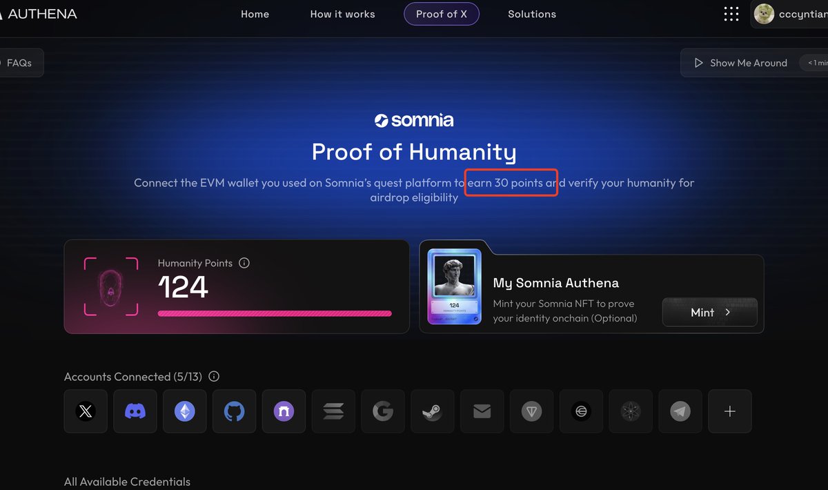 收尾啦收尾啦 Somnia已经开始人性证明环节
authena.xyz/somnia

页面显示30分有资格，但CEO最好说达到50-100分

简单省事直接kyc就完事了,需要下载zkpass插件以及在网页端登陆好交易所账号，有引导指示。

实在不懂的可以看下村长 <a href="/ooxx_web/">村长</a>  的教程
x.com/ooxx_web/statu…