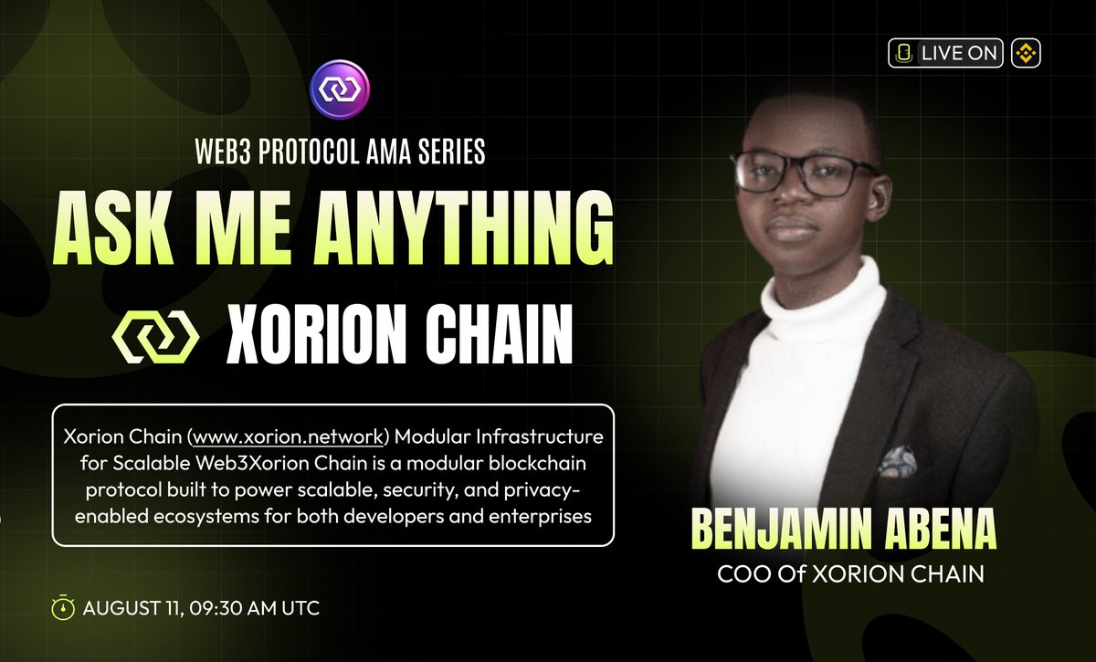 Web3_Protocol's tweet image. 🎙️Join us for Exclusive Binance Live AMA with Xorionchain

👦Follow @XorionChain 
🗓️ Date :- 11th Aug  AM UTC 
🎁 Reward : $200 $Native Token ( For Random 20  Comments  )

🎙️ Guest: Benjamin Abena( COO of Xorion Chain )
📌 Venue : binance.com/en/live/video?…

〽️Rules: 
1⃣ Like &amp;amp;…