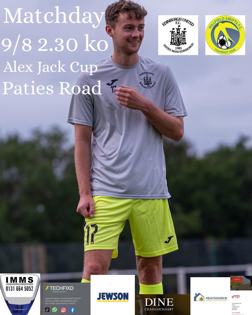 𝙴𝚍𝚒𝚗𝚋𝚞𝚛𝚐𝚑 𝚄𝚗𝚒𝚝𝚎𝚍 𝙵𝙲 (@edinburghunited) on Twitter photo ⚽️MATCHDAY!
We welcome Inverkeithing Hillfield Swifts for 1st Round Alex Jack Cup action - come on United!
🆚<a href="/swifts_fc/">The Swifts FC - East of Scotland</a>
⏰2.30PM
🏟️Paties Road
🏆Alex Jack Cup
🎟️£6 Adults, £4 Concessions (Cash Only)
⚫️⚪️ ⚽️MATCHDAY!
We welcome Inverkeithing Hillfield Swifts for 1st Round Alex Jack Cup action - come on United!
🆚<a href="/swifts_fc/">The Swifts FC - East of Scotland</a>
⏰2.30PM
🏟️Paties Road
🏆Alex Jack Cup
🎟️£6 Adults, £4 Concessions (Cash Only)
⚫️⚪️