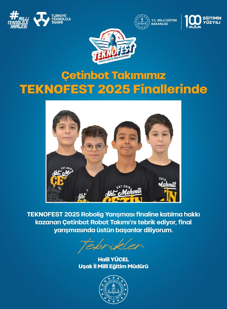 TEKNOFEST 2025 Robolig yarışmasında, Türkiye genelinde başvuran yaklaşık 2500 takım arasından sıyrılarak ilk 20 takım arasına giren Şehit Mehmet Çetin İmam Hatip Ortaokulundan Çetinbot Takımı, finallerde yer almaya hak kazandı.